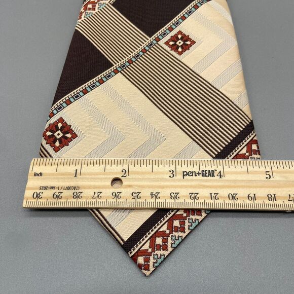 Vintage 1970s Commodore Trevira Polyester Necktie Brown Red Beige Geometric Wide - Picture 4 of 4